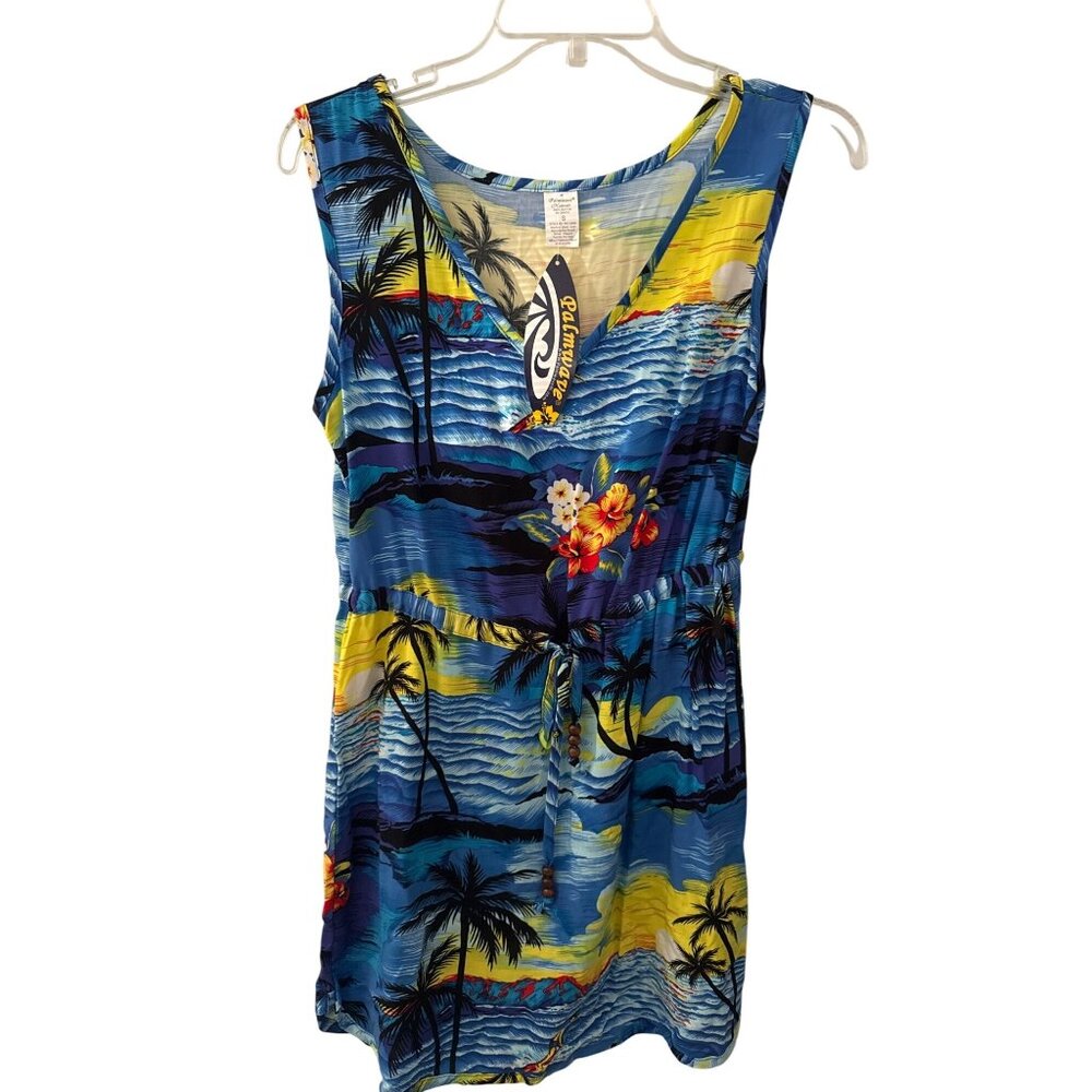 Palmwave Hawaii Womens Tropical Print Sundress S 100% Rayon V-Neck Blue & Yellow